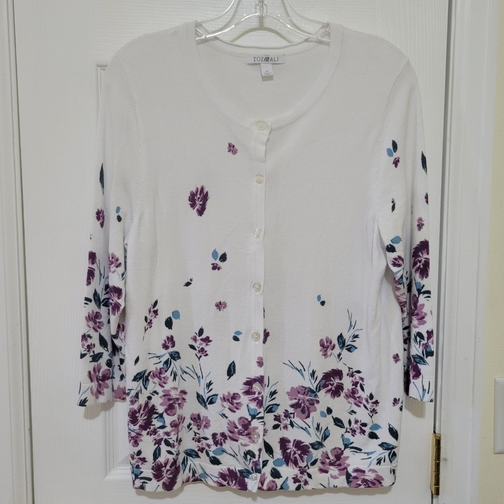Womens XL White Purple Floral Button Front Cardigan Sweater 3/4 Sleeve Cottage
